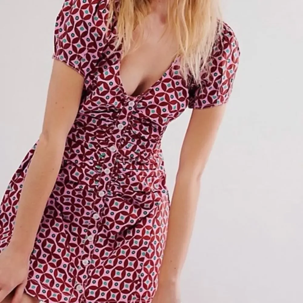 Free People Oakley Mini Geometric Print Mini Dress Pink Puff Sleeve Ruched - Picture 2 of 10